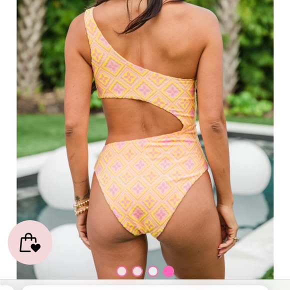 YELLOW AND PINK SIDE CUTOUT JACQUARD SWIMSUIT - Picture 2 of 4